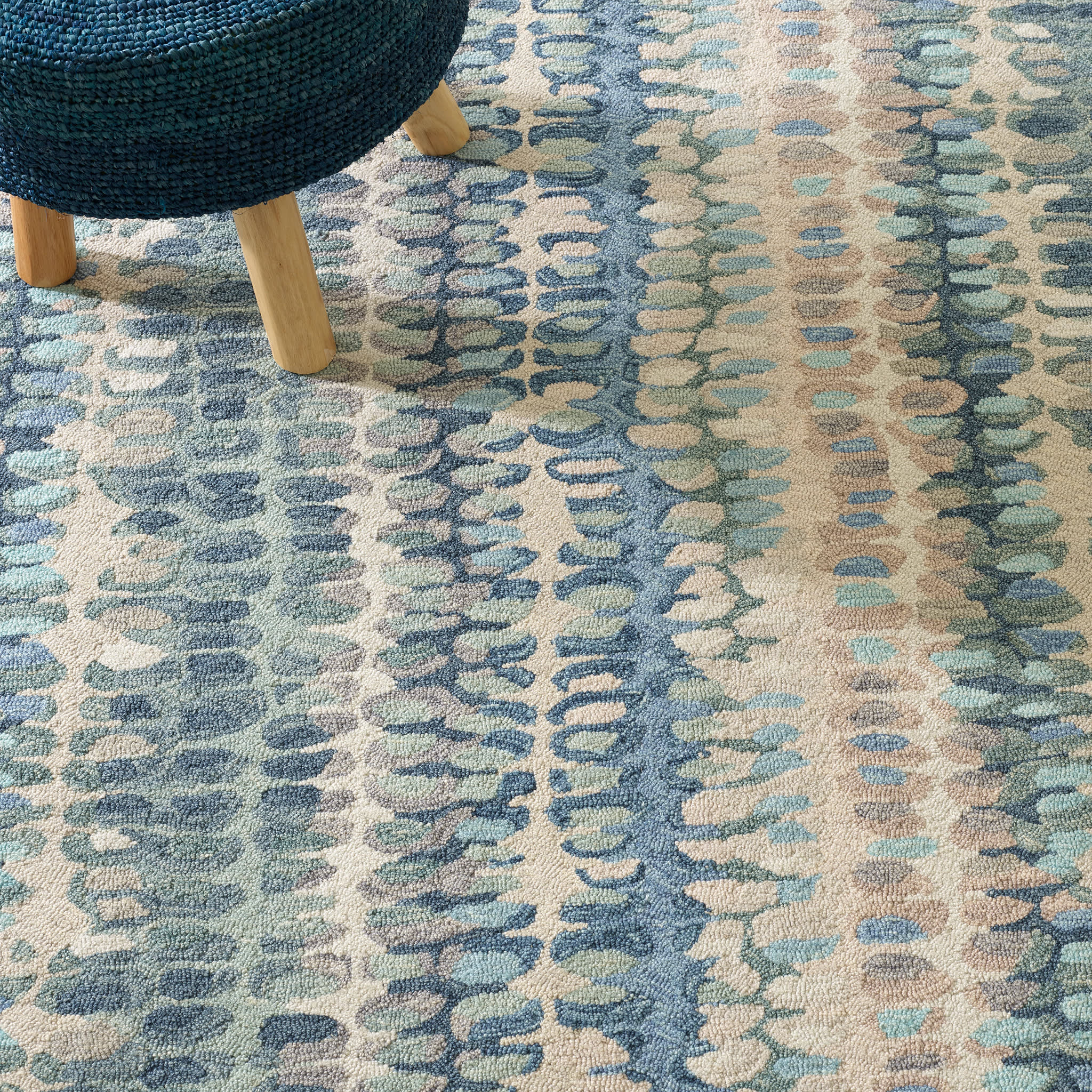 paint chip hand micro hooked wool rug | blue paint chip hand micro hooked wool rug | blue