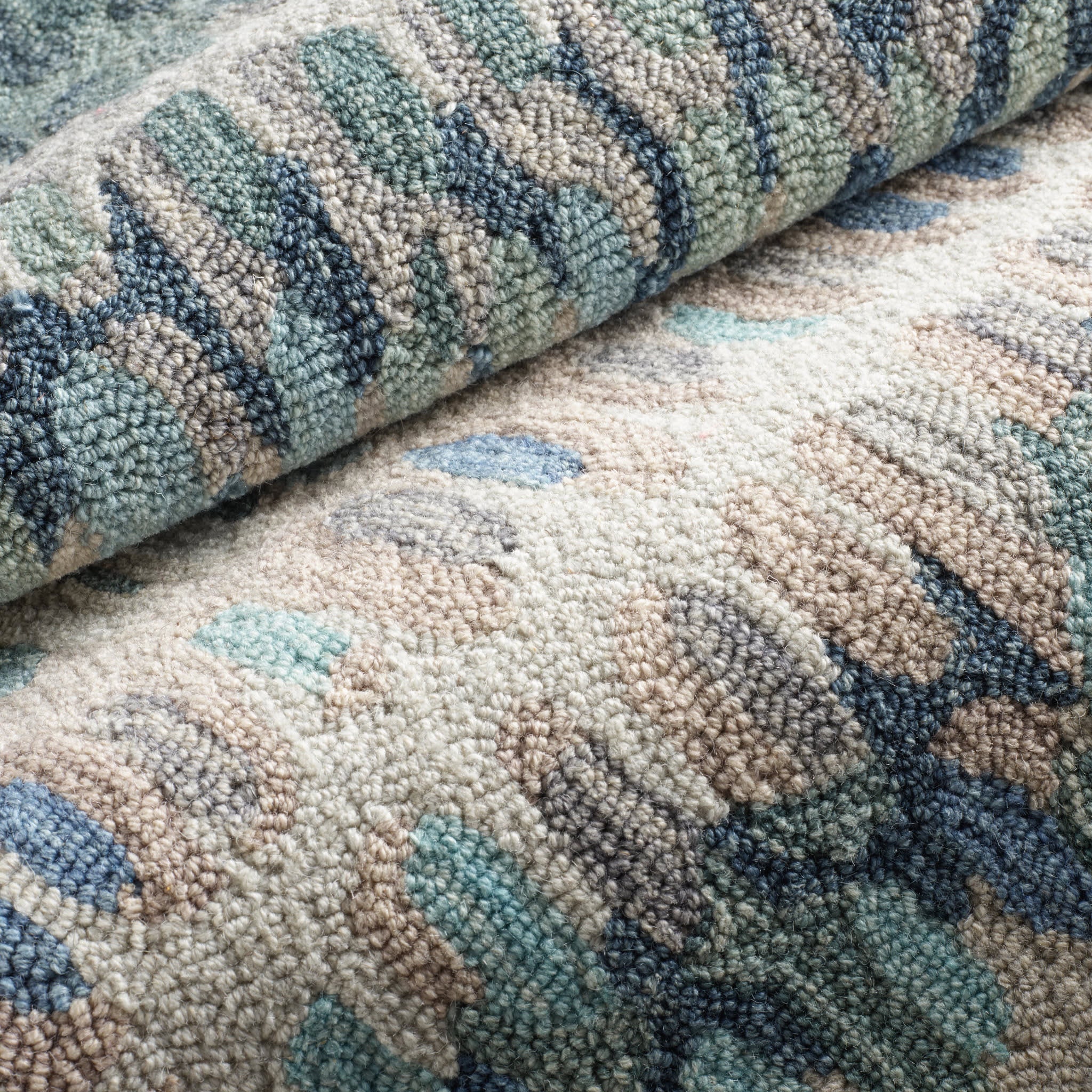 paint chip hand micro hooked wool rug | blue paint chip hand micro hooked wool rug | blue