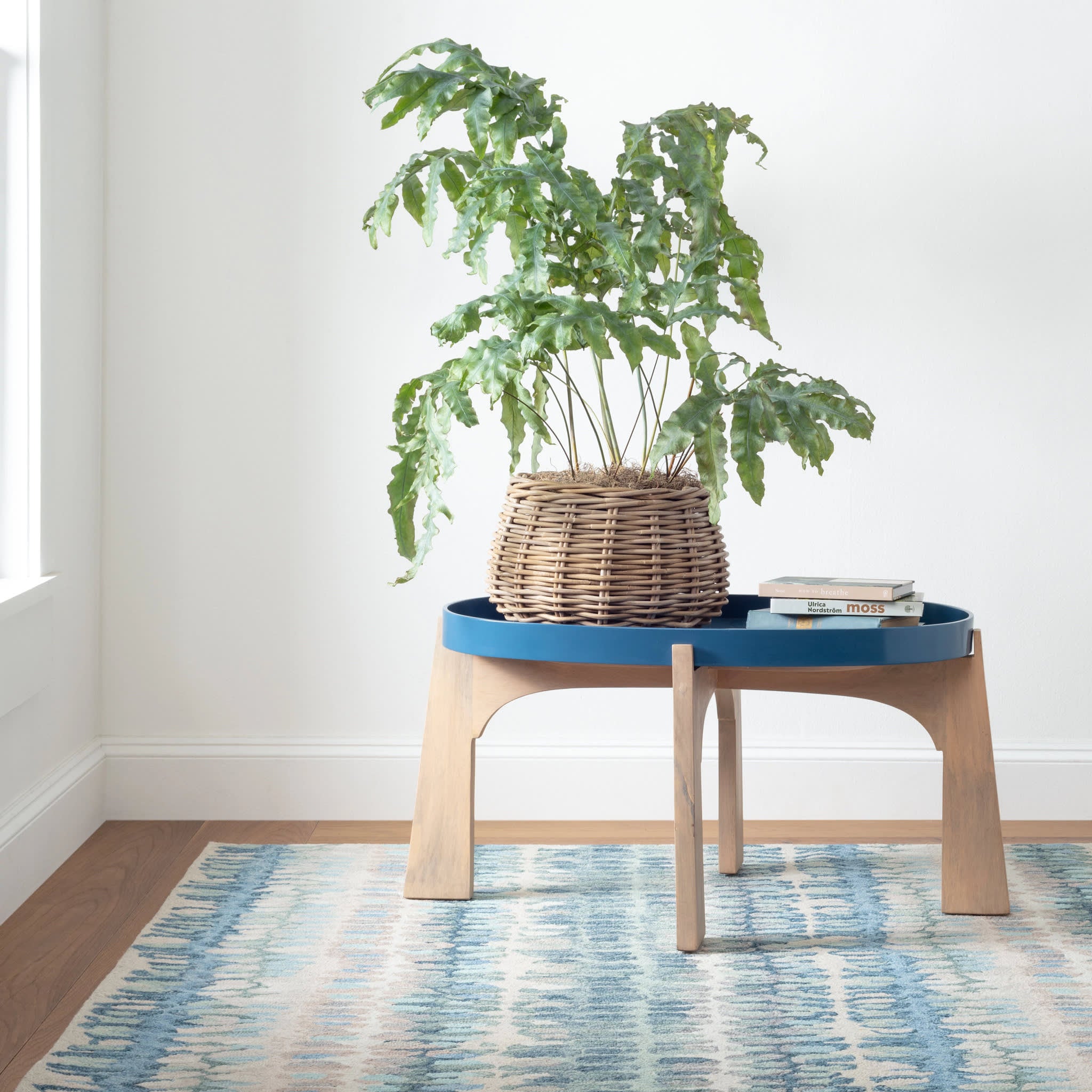 paint chip hand micro hooked wool rug | blue paint chip hand micro hooked wool rug | blue
